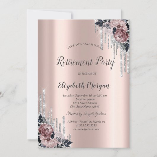 Invitation Parties scintillant en argent, Fleurs Rose or retr (Devant)