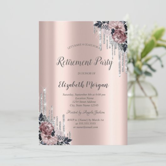 Invitation Parties scintillant en argent, Fleurs Rose or retr (Debout devant)