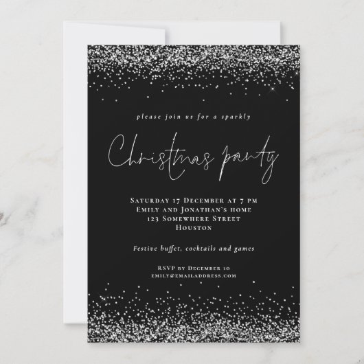 Invitation Parties scintillant en argent glam Script Noël fêt (Devant)