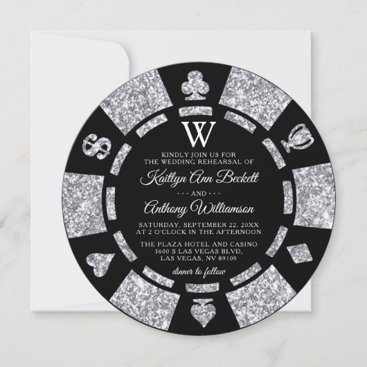 Invitation Parties scintillant en argent Monogram Poker Chip (Devant)
