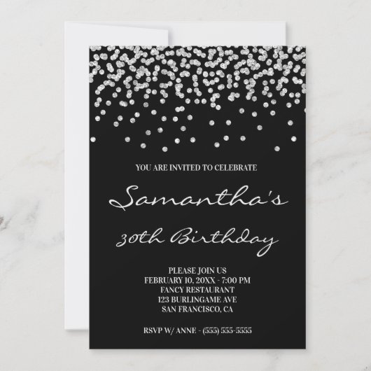 Invitation Parties scintillant en argent pâle Confetti Noir (Devant)