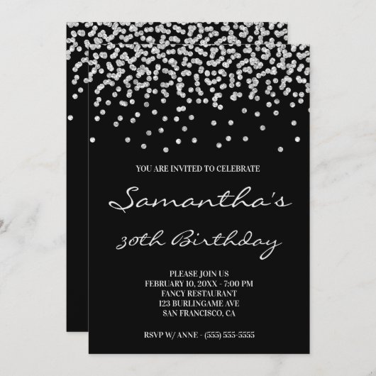 Invitation Parties scintillant en argent pâle Confetti Noir (Devant / Derrière)