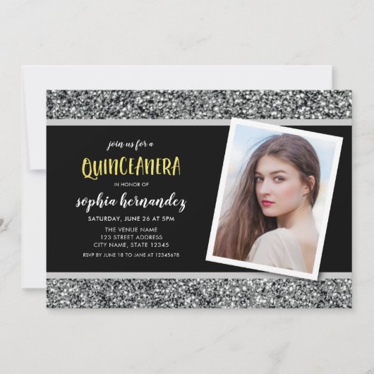 Invitation Parties scintillant en argent Photo Quinceanera In (Devant)