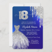 Invitation Parties scintillant en argent, Robe Bleu 18e anniv (Devant)