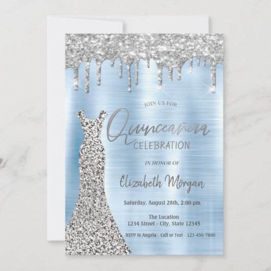 Invitation Parties scintillant en argent, Robe bleu Quinceañe (Devant)
