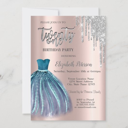 Invitation Parties scintillant en argent, robe bleue 21e anni (Devant)
