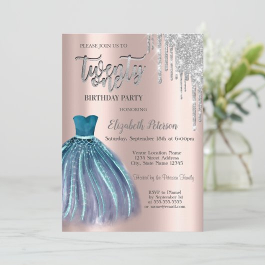 Invitation Parties scintillant en argent, robe bleue 21e anni (Debout devant)