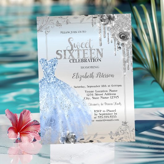 Invitation Parties scintillant en argent, Robe Bleue Roses Sw