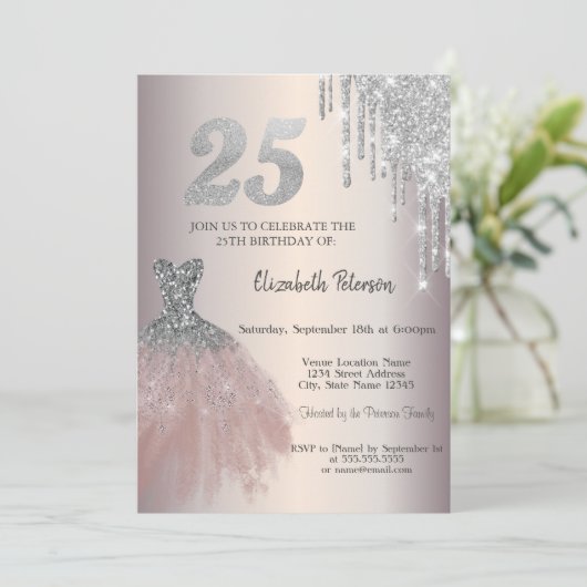 Invitation Parties scintillant en argent, robe chic 25e anniv (Debout devant)