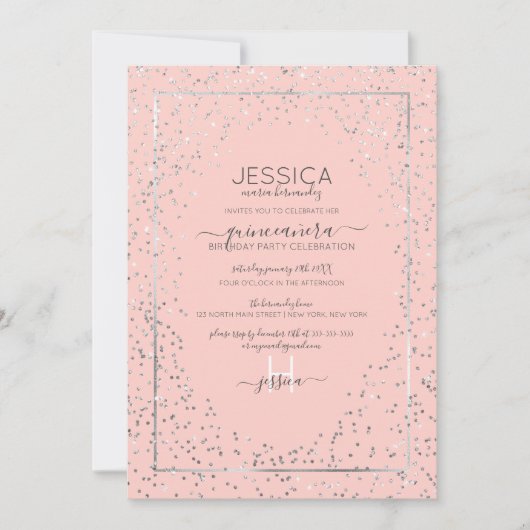 Invitation Parties scintillant en argent rose Confetti Fronti (Devant)