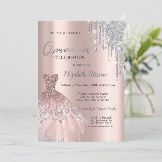 Invitation Parties scintillant en argent, Rose robe or Quinc (Debout devant)