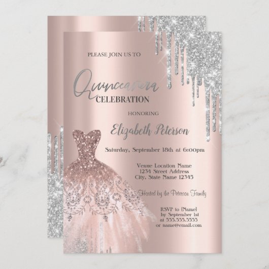 Invitation Parties scintillant en argent, Rose  robe or Quinc (Devant / Derrière)