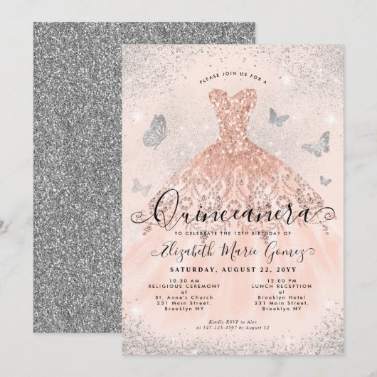 Invitation Parties scintillant en argent rose Rose Rose Rose  (Devant / Derrière)