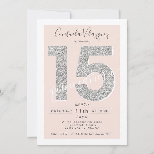 Invitation Parties scintillant en argent, script blush quince (Devant)