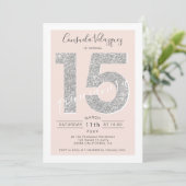 Invitation Parties scintillant en argent, script blush quince (Debout devant)
