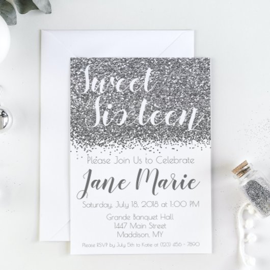Invitation Parties scintillant en argent Sweet sixteen Invita