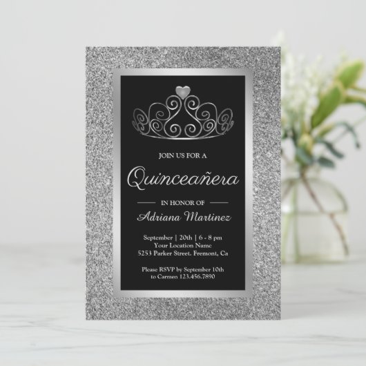 Invitation Parties scintillant en argent Tiara Princess Black (Debout devant)