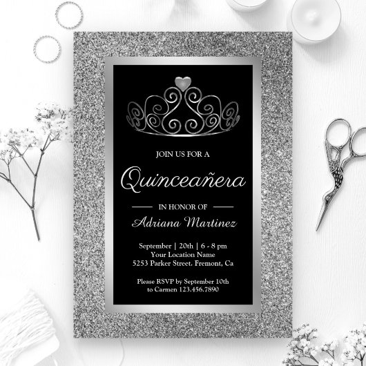 Invitation Parties scintillant en argent Tiara Princess Black