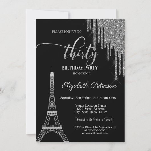 Invitation Parties scintillant en argent, Tour Eiffel 30t Ann (Devant)