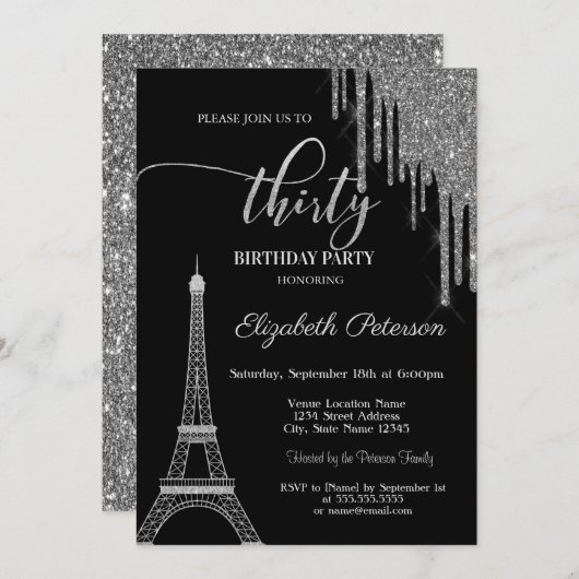 Invitation Parties scintillant en argent, Tour Eiffel 30t Ann (Devant / Derrière)