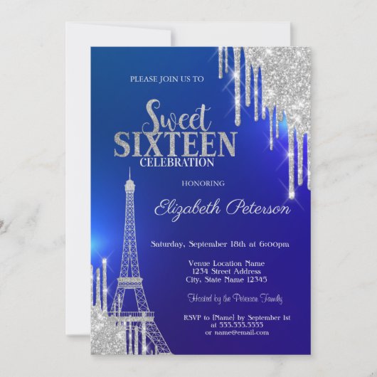 Invitation Parties scintillant en argent, Tour Eiffel bleu do (Devant)