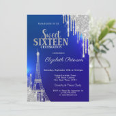 Invitation Parties scintillant en argent, Tour Eiffel bleu do (Debout devant)