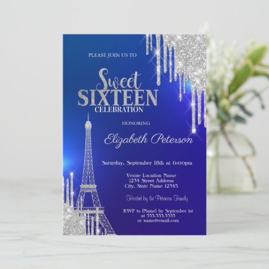 Invitation Parties scintillant en argent, Tour Eiffel bleu do (Debout devant)