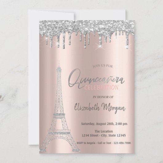 Invitation Parties scintillant en argent, Tour Eiffel Quincea (Devant)