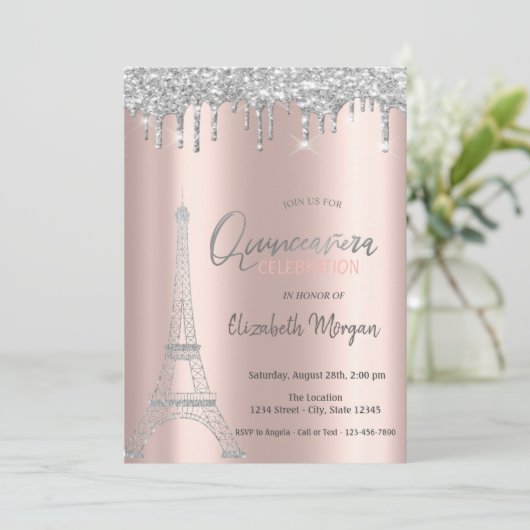Invitation Parties scintillant en argent, Tour Eiffel Quincea (Debout devant)