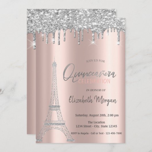 Invitation Parties scintillant en argent, Tour Eiffel Quincea (Devant / Derrière)