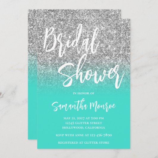 Invitation Parties scintillant en argent Turquoise Fête des m (Devant / Derrière)