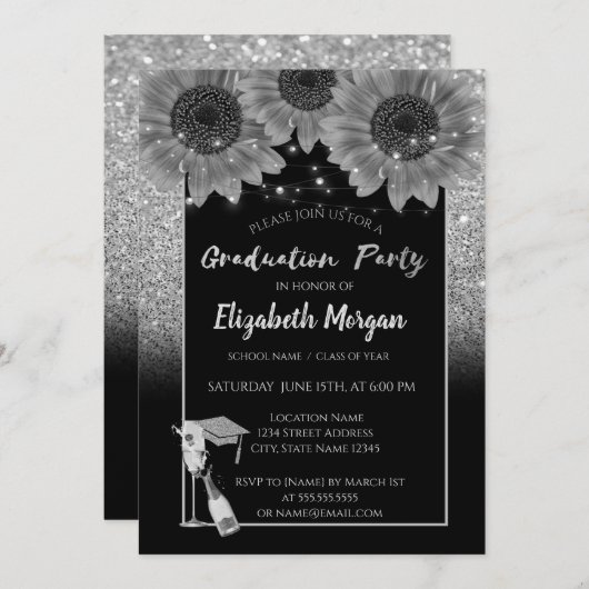 Invitation Parties scintillant en argent, Vin, Verre, Fleurs  (Devant / Derrière)