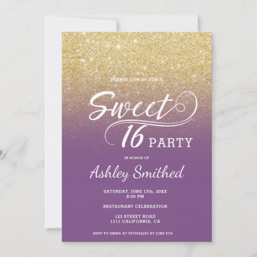 Invitation Parties scintillant en faux or moderne ombre pourp (Devant)