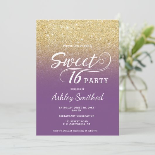 Invitation Parties scintillant en faux or moderne ombre pourp (Debout devant)