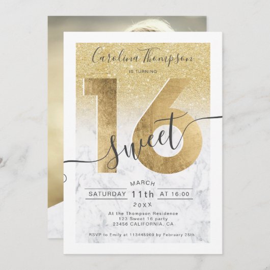 Invitation Parties scintillant en feuille d'or chic en marbre (Devant / Derrière)
