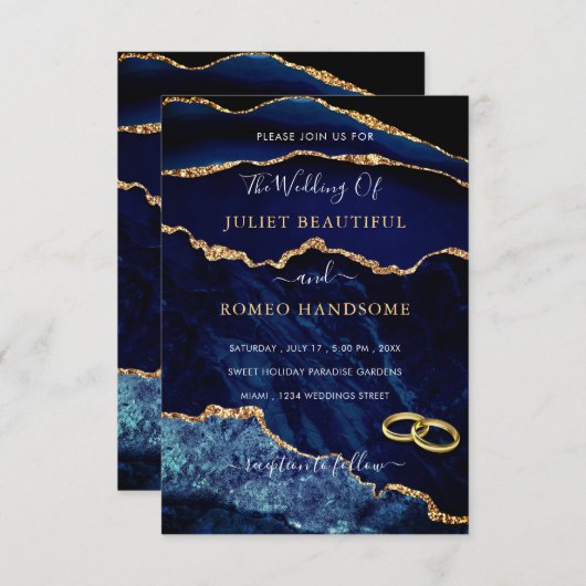 Invitation Parties scintillant en marbre bleu marine (Devant / Derrière)