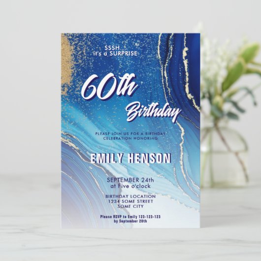 Invitation Parties scintillant en marbre bleu or 60e annivers (Debout devant)