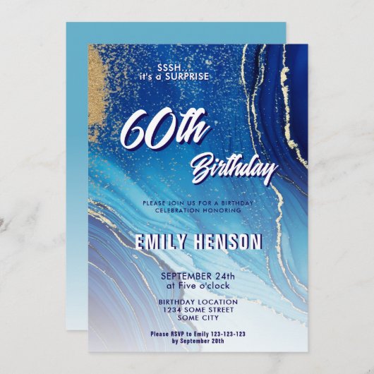 Invitation Parties scintillant en marbre bleu or 60e annivers (Devant / Derrière)