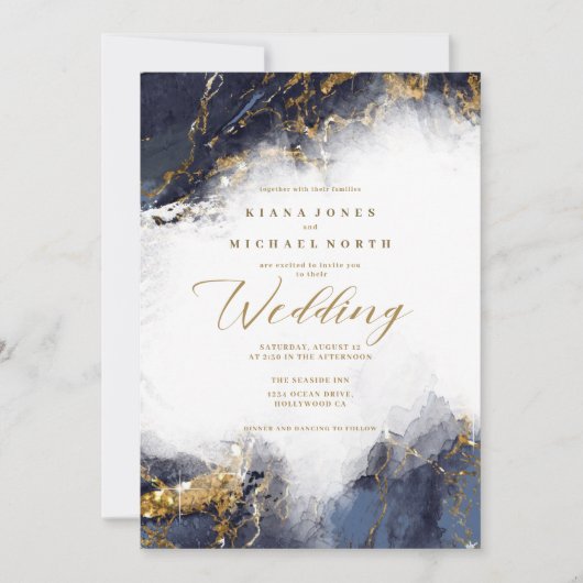 Invitation Parties scintillant en marbre Mariage Marine Blue (Devant)