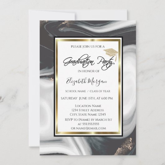 Invitation Parties scintillant en marbre noir Graduation Cap  (Devant)