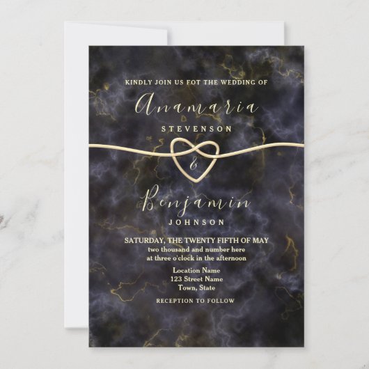 Invitation Parties scintillant en marbre or Mariage noir (Devant)