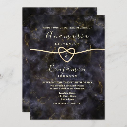 Invitation Parties scintillant en marbre or Mariage noir (Devant / Derrière)