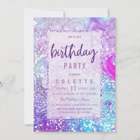 Invitation Parties scintillant en marbre turquoise lavande  A (Devant)