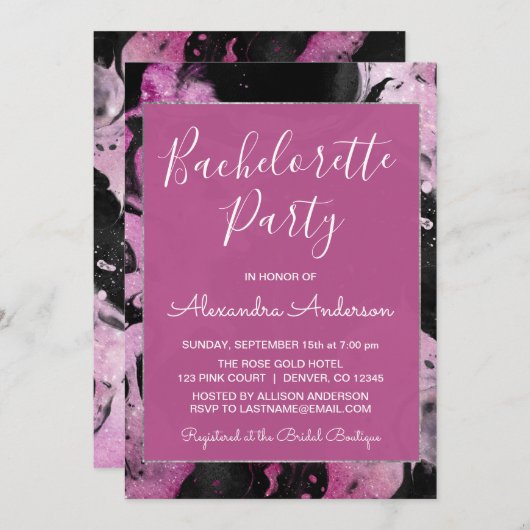 Invitation Parties scintillant en marbre violet Fête de Bache (Devant / Derrière)