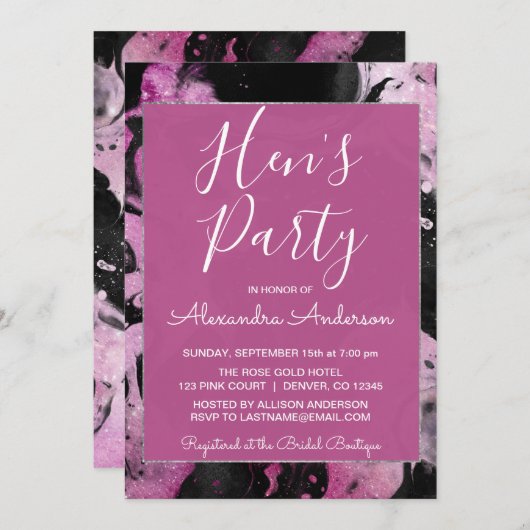 Invitation Parties scintillant en marbre violet Sparkle Hen's (Devant / Derrière)