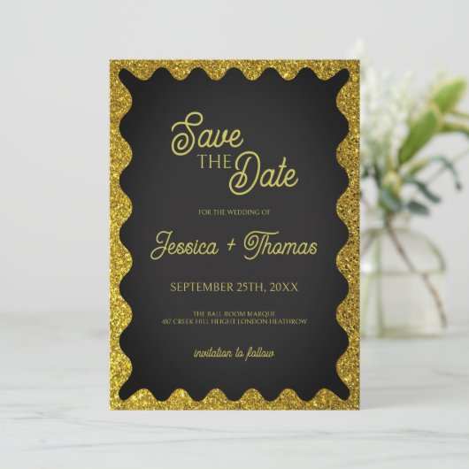 Invitation Parties scintillant en noir et or Wavy Retro Enreg (Debout devant)