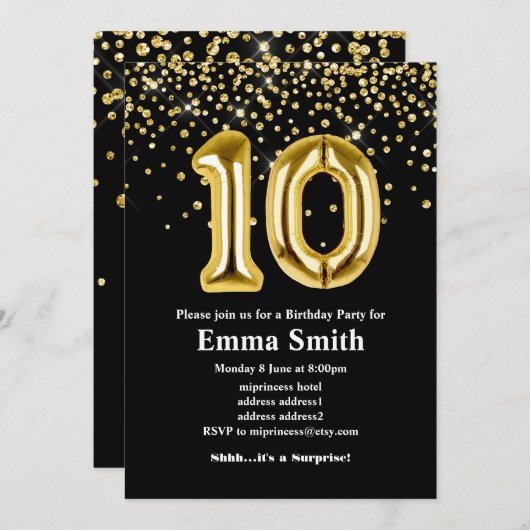 Invitation parties scintillant en or ballon pour 10ème annive (Devant / Derrière)