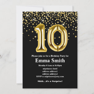 Invitation parties scintillant en or ballon pour 10ème annive