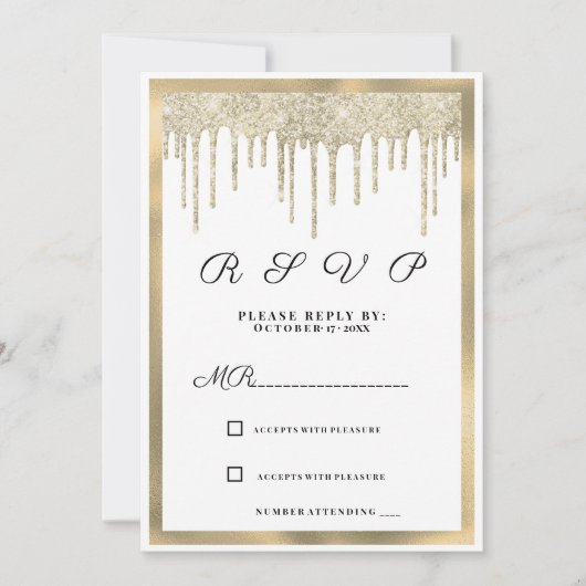 Invitation Parties scintillant en or blanc luxe gouttes RSVP (Devant)