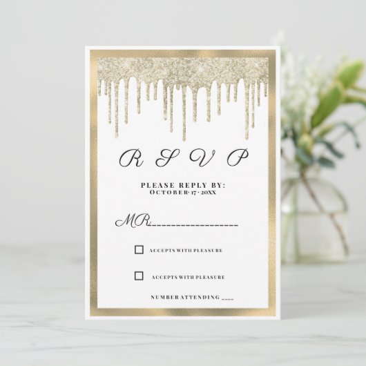 Invitation Parties scintillant en or blanc luxe gouttes RSVP (Debout devant)